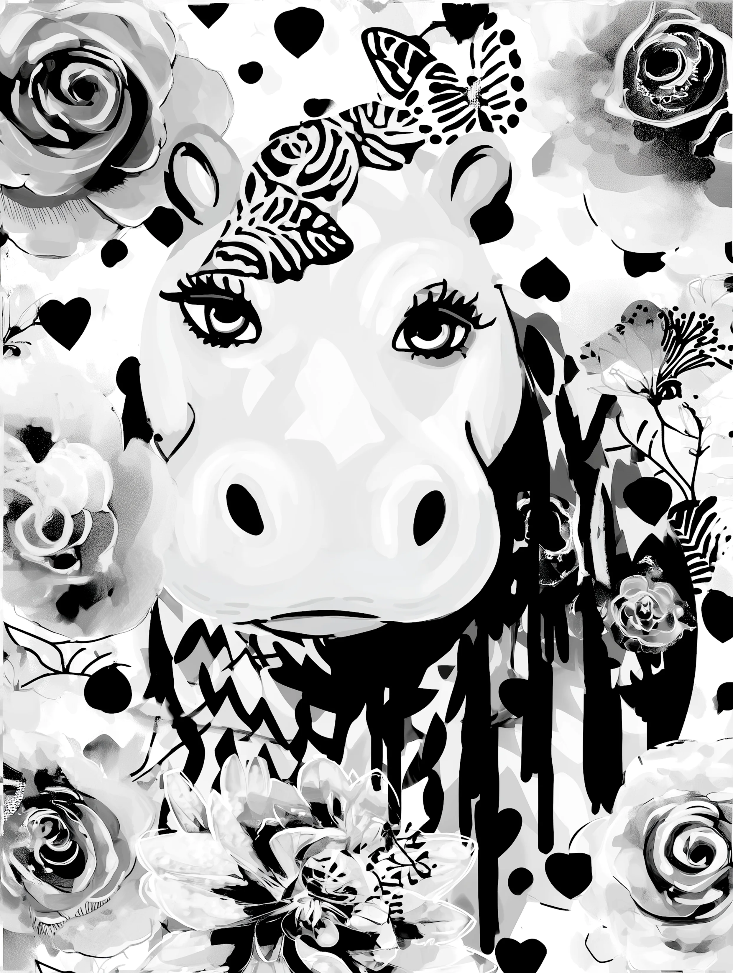 Free printable hippo coloring page featuring grayscale hippo coloring page